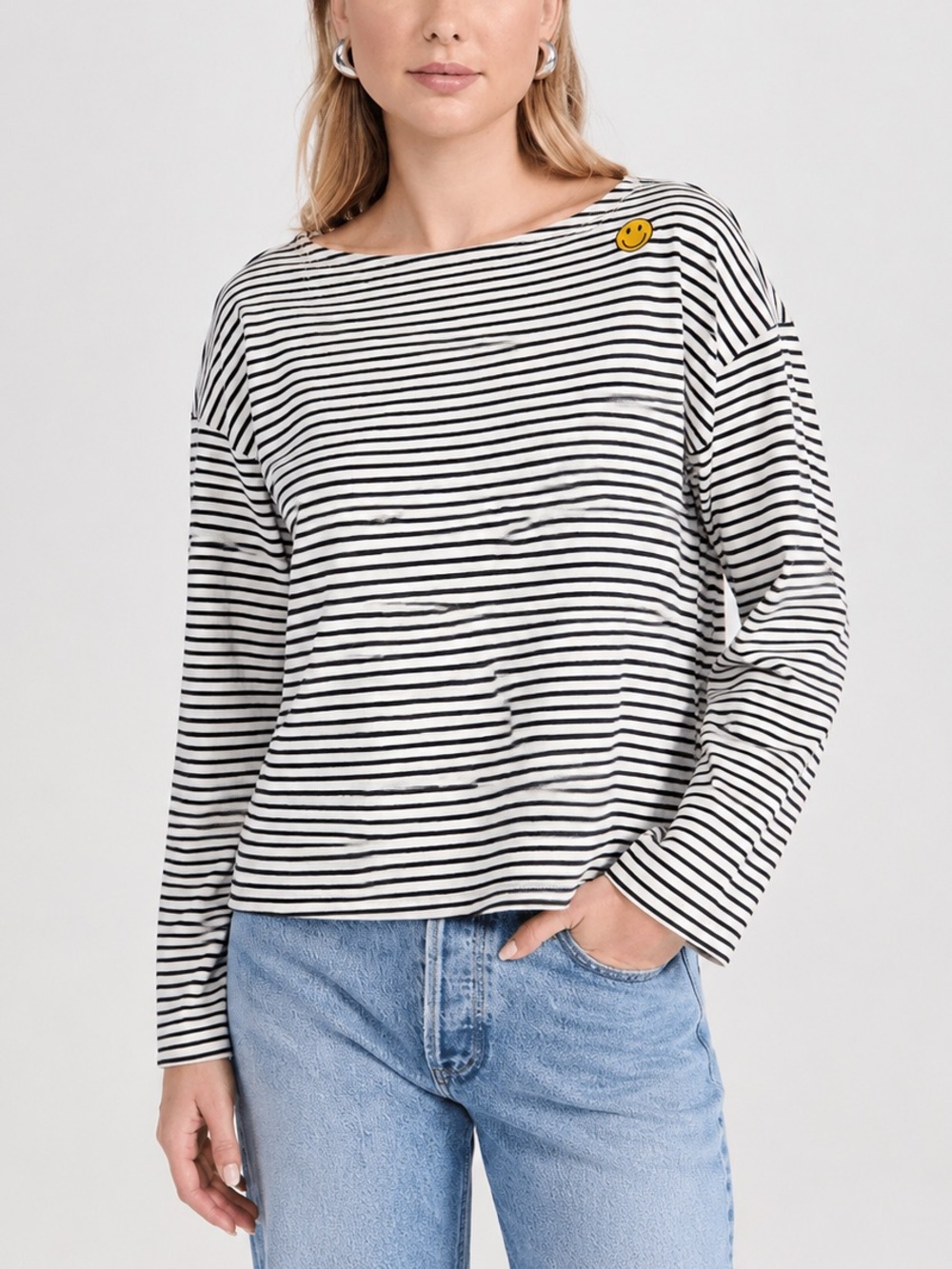 KULE Striped Smiley Face Boxy Long Sleeve Tee